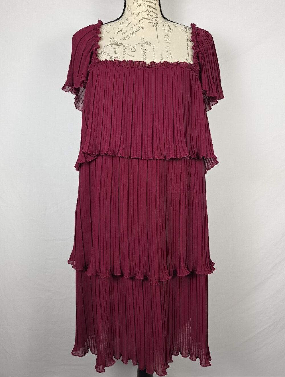 NWT DKNY Maroon Pleated Tiered Midi Dress Ruffle Square Neck - 6